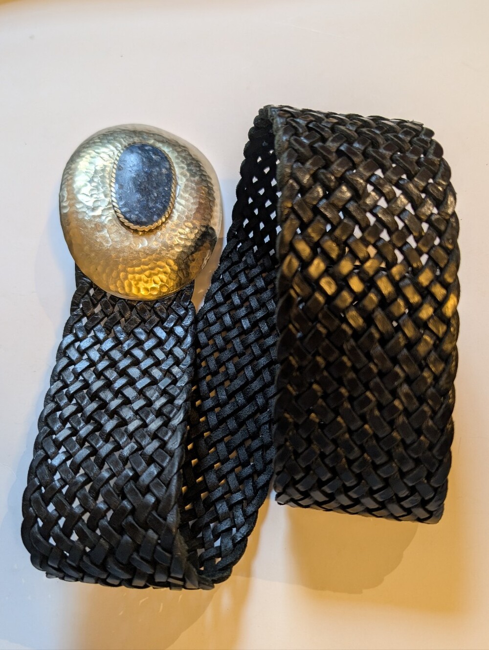 VTG Chico’s Black Braided Leather Belt Sz S Hammered Oval Lapis color Morocco